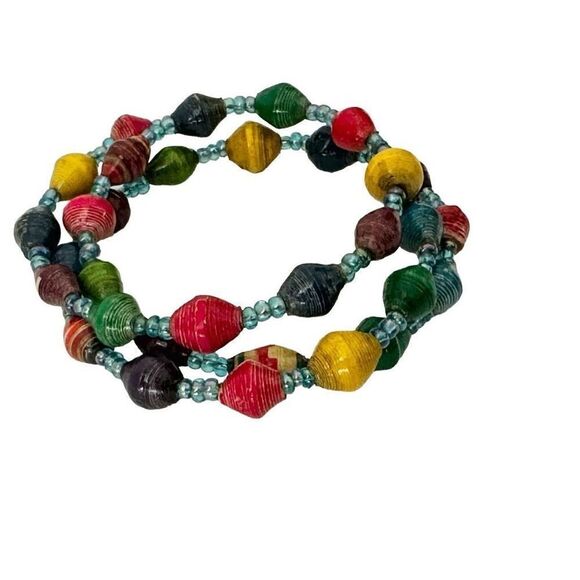 Multi colored  paper  beaded wrap bracelet - Picture 1 of 8
